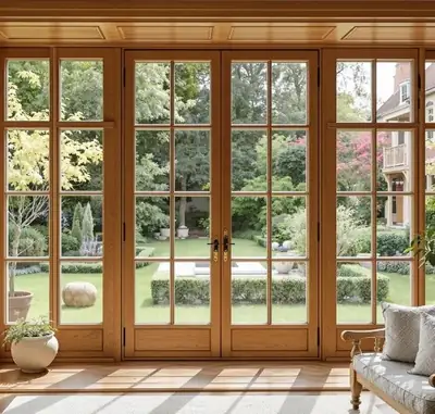 Grandes fenêtres et porte-fenêtre en bois à petits-bois d'une maison de caractère